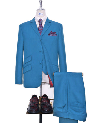 Deep Sky Blue Herringbone 3 Piece Suit