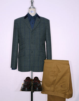 Grey Green Windowpane Check Tweed Jacket Size 38R
