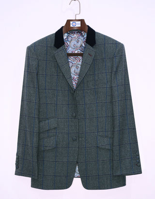 Grey Green Windowpane Check Tweed Jacket Size 38R