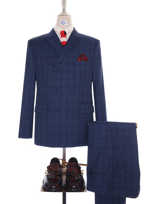 This Suit Only - Navy Blue Windowpane Check Double Breasted Suit