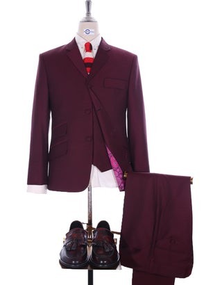 Men's Three Piece Suit - Burgundy Check Suit - Modshopping Clothing