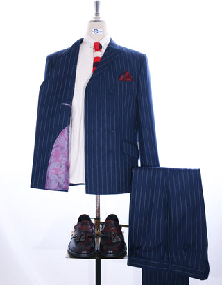 Navy Blue Striped Double Breasted Suit - Modshopping Clothing