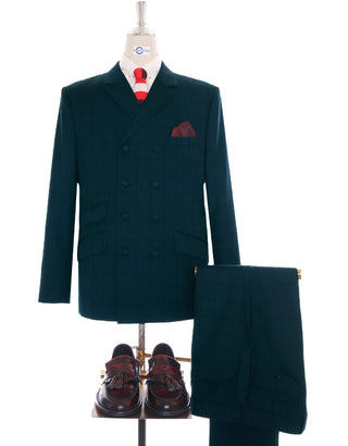 Dark Sea Green Windowpane Check Double Breasted Suit - Modshopping Clothing