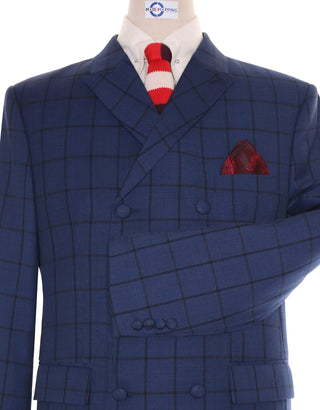 Navy Blue Windowpane Check Double Breasted Suit - Modshopping Clothing