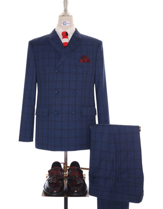 Navy Blue Windowpane Check Double Breasted Suit - Modshopping Clothing