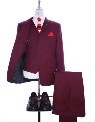 Burgundy Prince Of Wales Check 3 Piece Suit - Modshopping Clothing