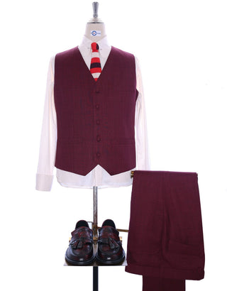 Burgundy Prince Of Wales Check 3 Piece Suit - Modshopping Clothing