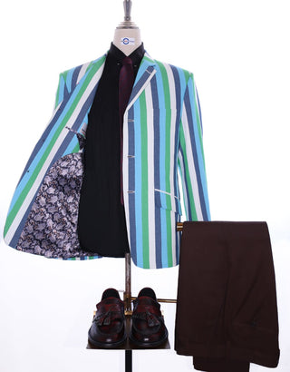 Boating Blazer | Sky Blue and Green Striped Blazer - Modshopping Clothing