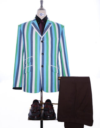 Boating Blazer | Sky Blue and Green Striped Blazer - Modshopping Clothing