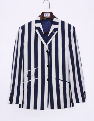 Navy Blue and White Striped Mod Blazer - Modshopping Clothing