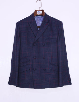 Navy Blue Prince Of Wales Check Double Breasted Jacket - Modshopping Clothing