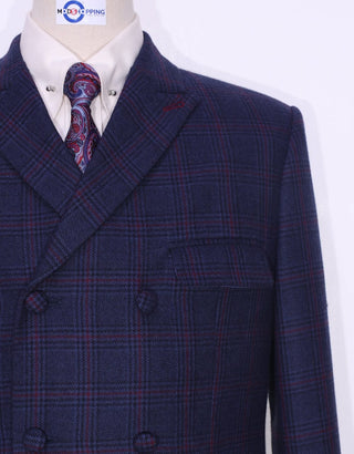 Navy Blue Prince Of Wales Check Double Breasted Jacket - Modshopping Clothing