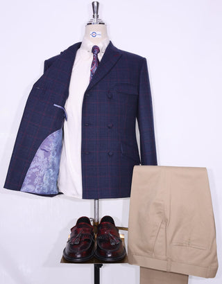 Navy Blue Prince Of Wales Check Double Breasted Jacket - Modshopping Clothing