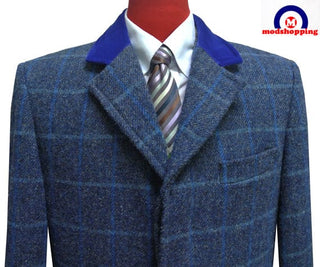 Blue Windowpane Check Winter Long Coat - Modshopping Clothing