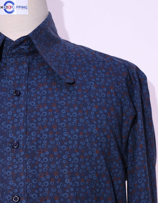 High Penny Collar Shirt | Navy Blue Circle Pattern Shirt - Modshopping Clothing