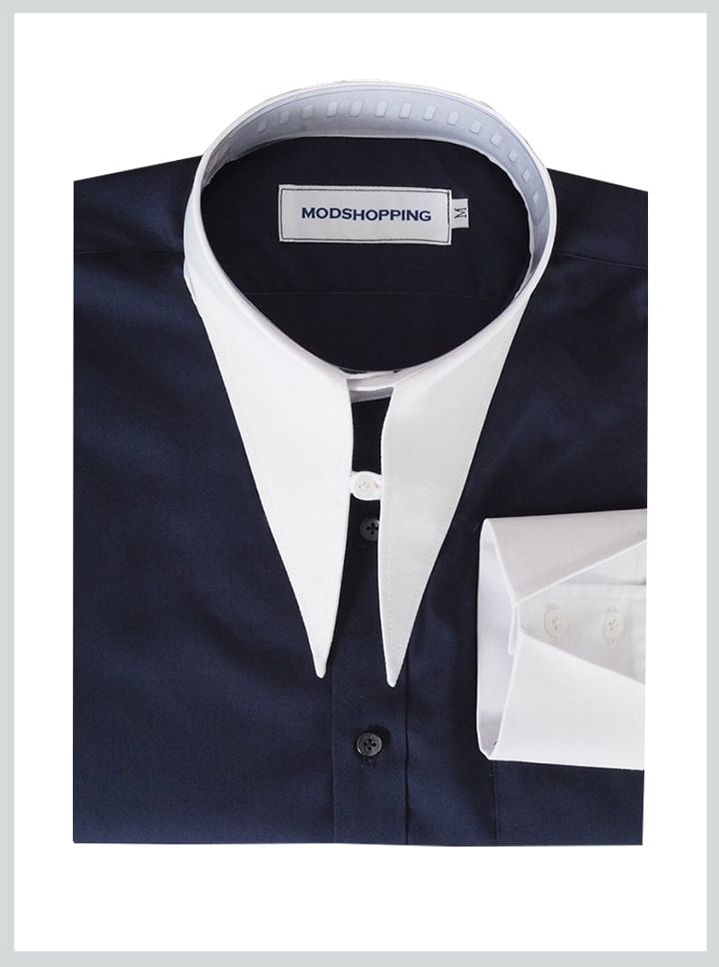 Spearpoint Collar Shirt Vintage Style Navy Blue Shirt