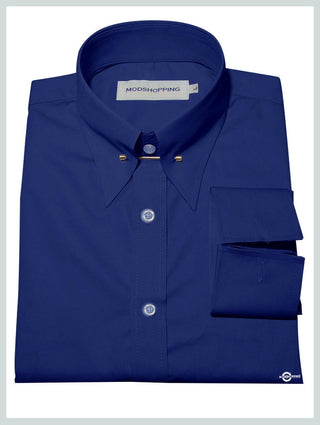 60s Style Blue Pin High Collar Shirt - Modshopping Clothing