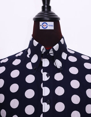 Mod Shirt | Large Dark Navy Blue Polka Dot Shirt - Modshopping Clothing