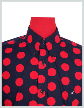 navy blue and red shirt