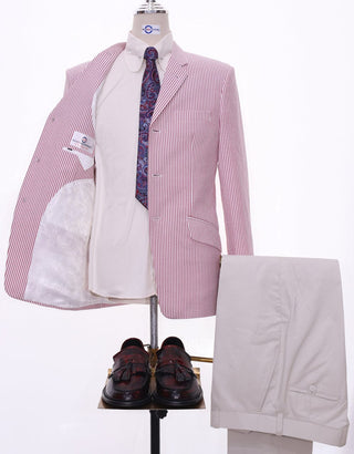 Seersucker Red Berry Striped Jacket - Modshopping Clothing