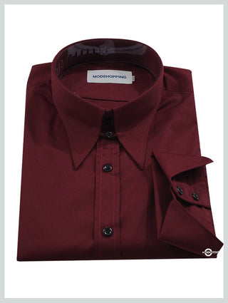 Tab Collar Shirt | 60s Vintage Style Burgundy Shirt - Modshopping Clothing